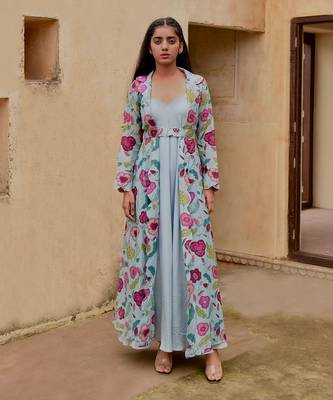 Sky Blue Dress With Floral Print Jacket  1