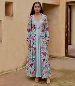 Sky Blue Dress With Floral Print Jacket 