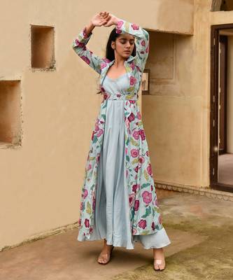 Sky Blue Dress With Floral Print Jacket  2