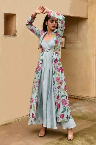 Sky Blue Dress With Floral Print Jacket 