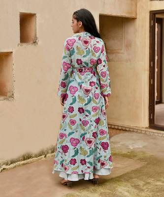 Sky Blue Dress With Floral Print Jacket  3