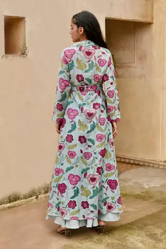 Sky Blue Dress With Floral Print Jacket 