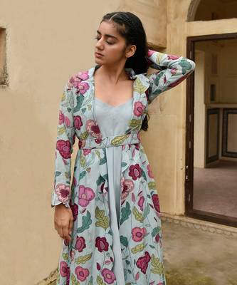 Sky Blue Dress With Floral Print Jacket  4