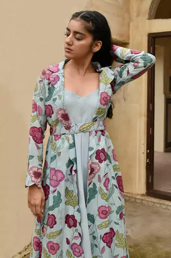 Sky Blue Dress With Floral Print Jacket 
