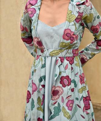 Sky Blue Dress With Floral Print Jacket  5
