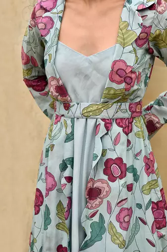 Sky Blue Dress With Floral Print Jacket 