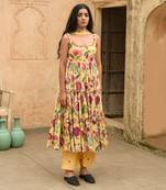 Yellow Floral Print Mulmul Kurta Set