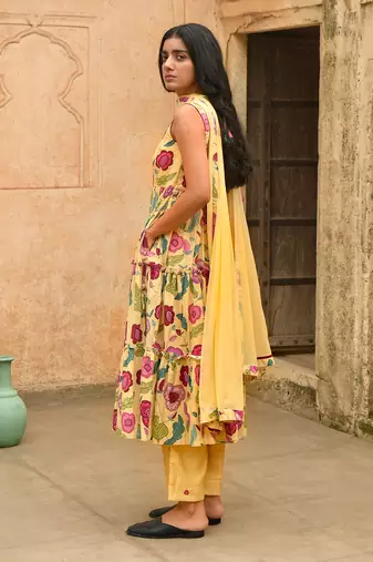 Yellow Floral Print Mulmul Kurta Set