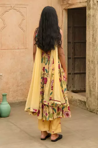 Yellow Floral Print Mulmul Kurta Set