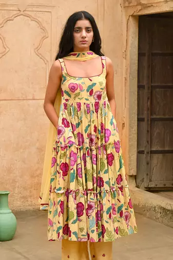 Yellow Floral Print Mulmul Kurta Set