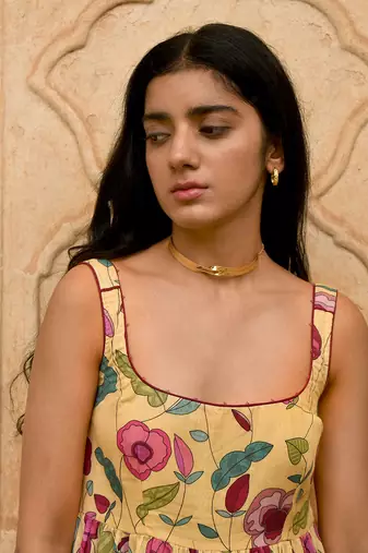 Yellow Floral Print Mulmul Kurta Set