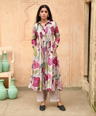 Grey Pleated Floral Print Kurta Set 1