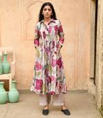 Grey Pleated Floral Print Kurta Set