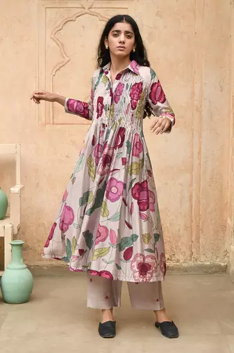 Grey Pleated Floral Print Kurta Set
