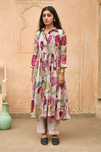 Grey Pleated Floral Print Kurta Set