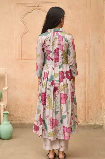 Grey Pleated Floral Print Kurta Set