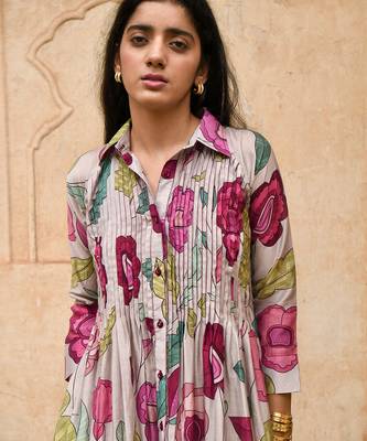 Grey Pleated Floral Print Kurta Set 5
