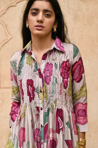 Grey Pleated Floral Print Kurta Set