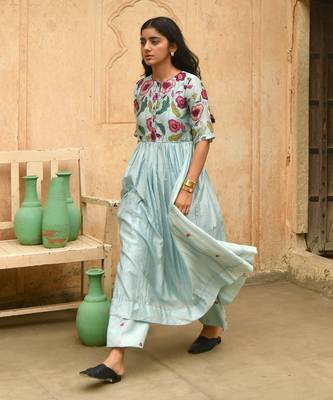 Sky Blue Floral Printed Kurta Set 3