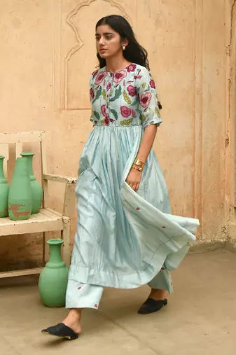 Sky Blue Floral Printed Kurta Set