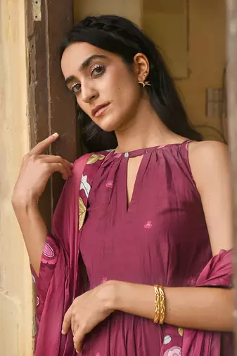 Wine Red Floral Printed Kurta Set