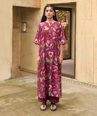 Wine Red Floral Printed Kaftan Kurta Set 1