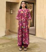 Wine Red Floral Printed Kaftan Kurta Set