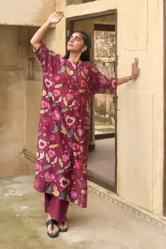 Wine Red Floral Printed Kaftan Kurta Set