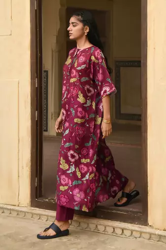 Wine Red Floral Printed Kaftan Kurta Set