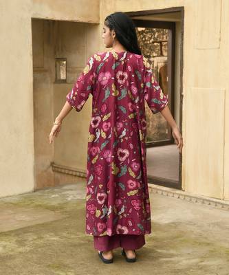Wine Red Floral Printed Kaftan Kurta Set 4