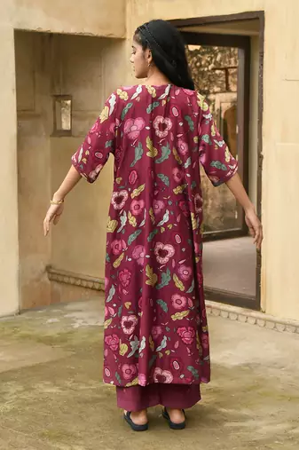Wine Red Floral Printed Kaftan Kurta Set