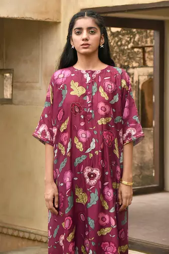 Wine Red Floral Printed Kaftan Kurta Set