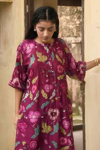 Wine Red Floral Printed Kaftan Kurta Set