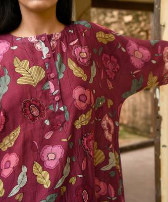 Wine Red Floral Printed Kaftan Kurta Set 7