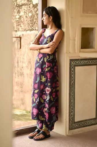 Floral Printed Violet Kurta Set