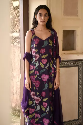 Floral Printed Violet Kurta Set