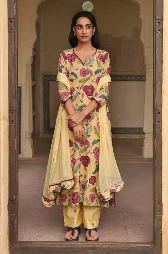 Yellow Floral Printed Kurta Set