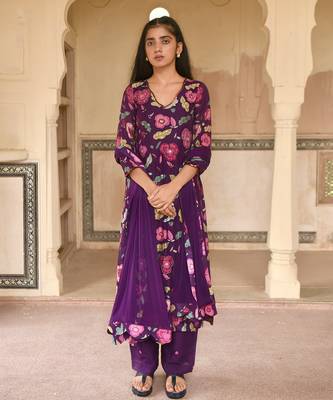 Violet Floral Printed Kurta Set 1
