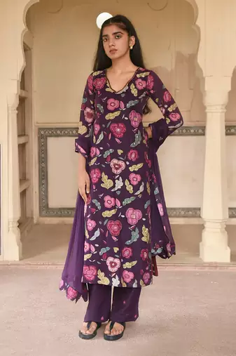 Violet Floral Printed Kurta Set