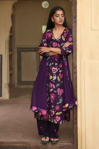 Violet Floral Printed Kurta Set