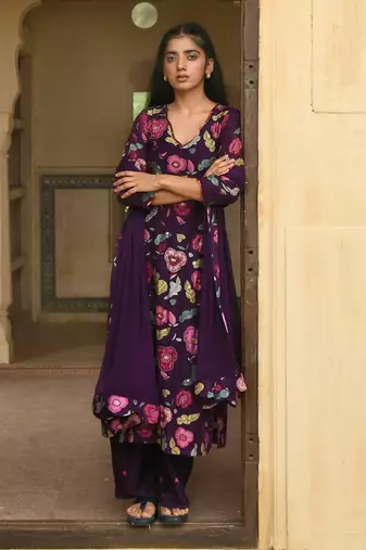 Violet Floral Printed Kurta Set