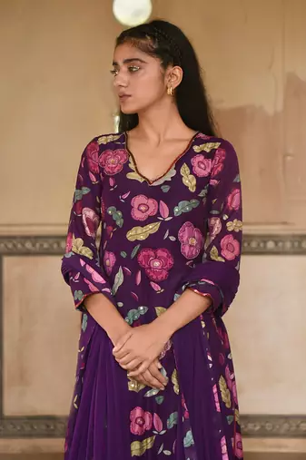 Violet Floral Printed Kurta Set