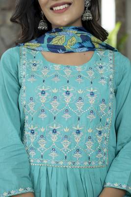 KAAJH Turquoise Printed Cotton Anarkali Suit Set 5