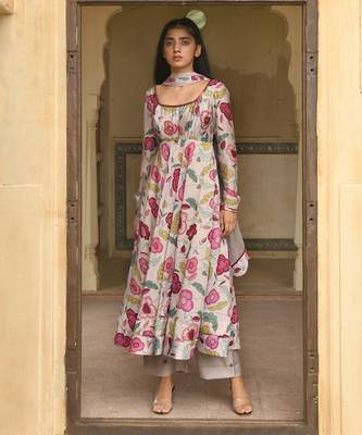 Grey Floral Printed Kurta Set 1