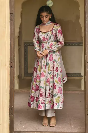 Grey Floral Printed Kurta Set