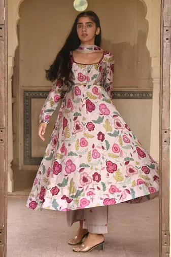 Grey Floral Printed Kurta Set