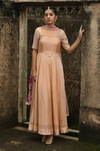 Peach Chanderi Kurta Set