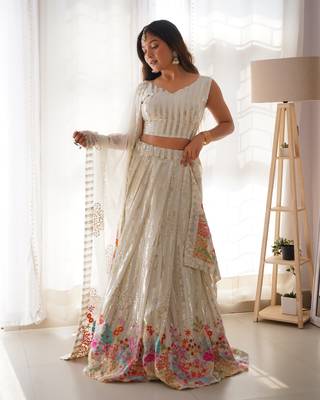 Fabulos White Georgette Sequin Floral Embroidered Lehenga Choli 1