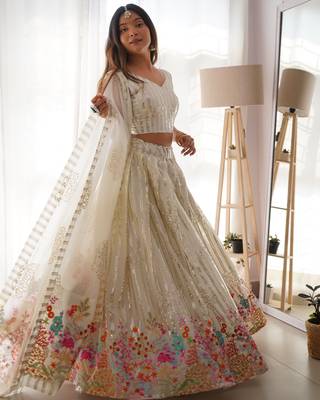 Fabulos White Georgette Sequin Floral Embroidered Lehenga Choli 2