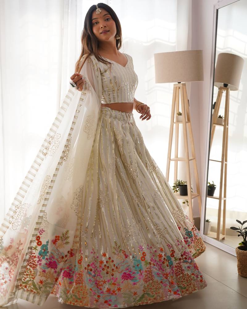 Fabulos White Georgette Sequin Floral Embroidered Lehenga Choli